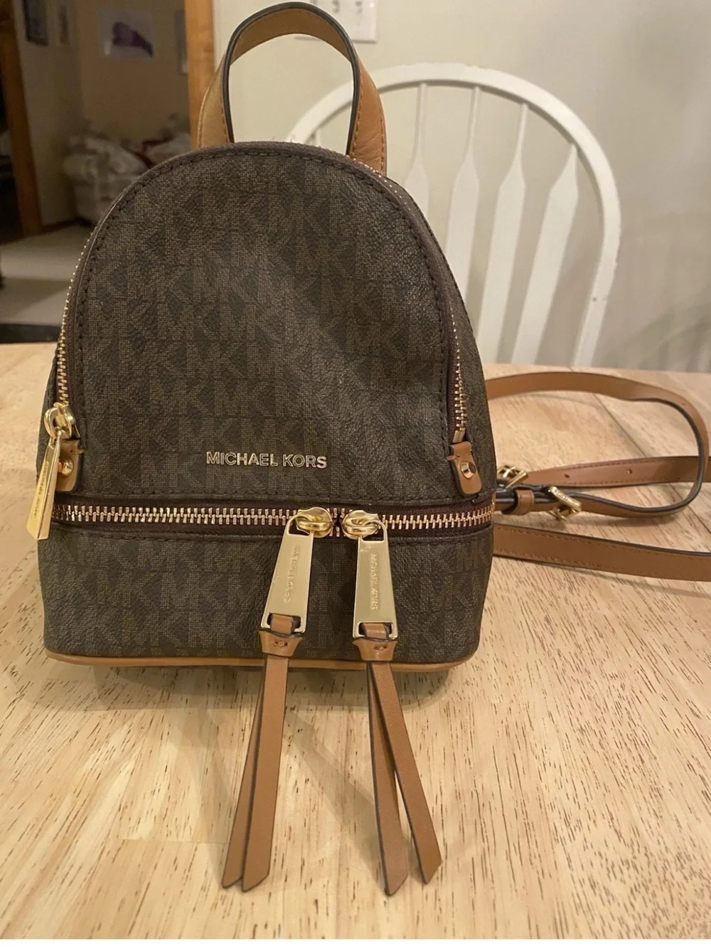 Michael Kors Brown MK Signature Mini Backpack with Gold Hardware